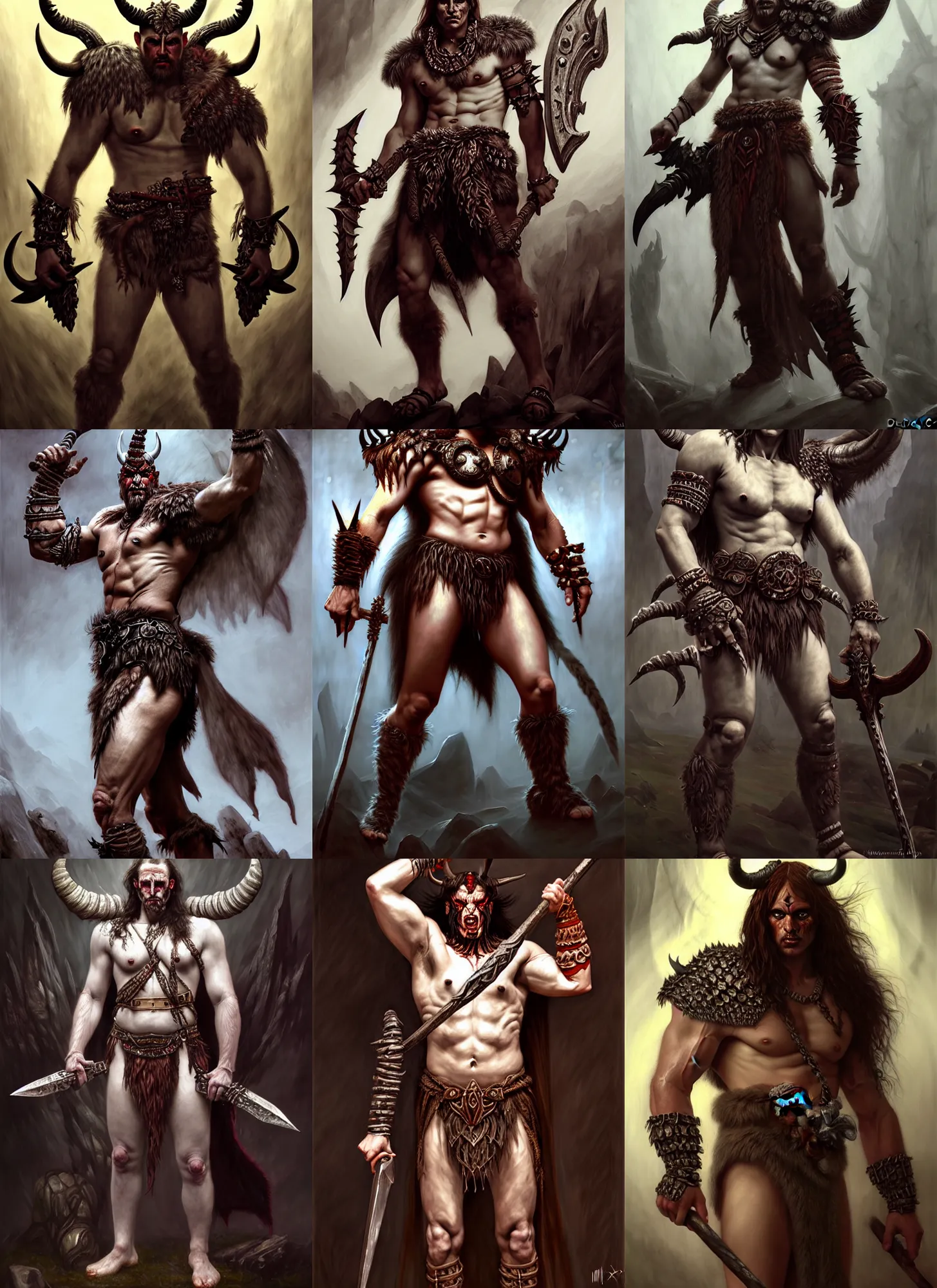 Prompt: barbarian fullbody half demonic half human devil man intricate skin pattern texture, elegant, peaceful, full body, white horns, hyper realistic, extremely detailed, dnd character art portrait, fantasy art, intricate fantasy painting, dramatic lighting, vivid colors, deviant art, artstation, by edgar maxence and caravaggio and michael whelan and delacroix.