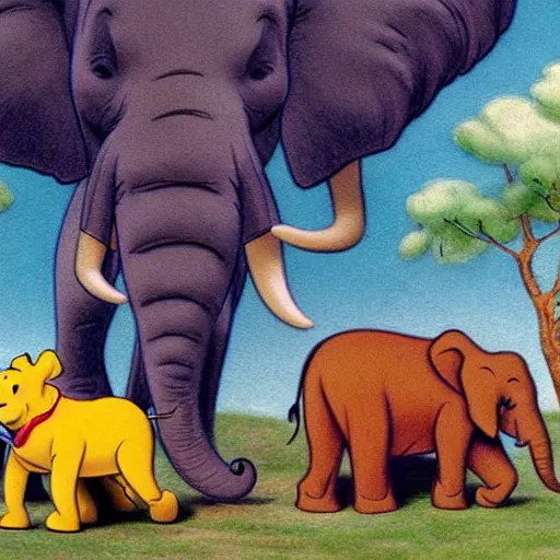 Prompt: Winnie the Pooh riding an elephant
