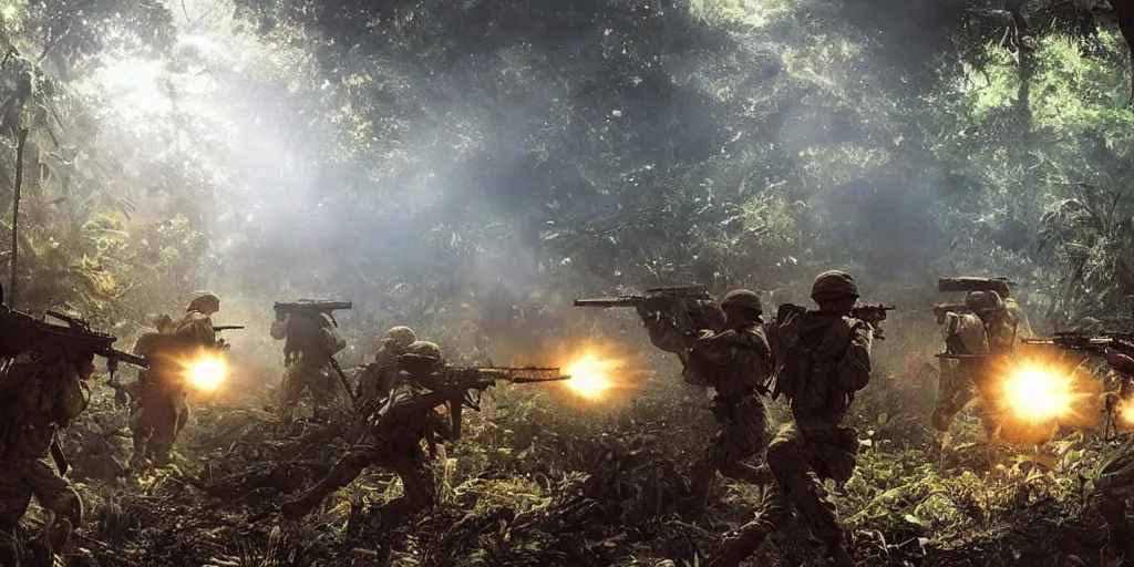 Image similar to a squad of american soldiers ambushed by the vietcong in the jungle illuminated by flare, beautiful, high contrast, cinematic, art by craig mullins