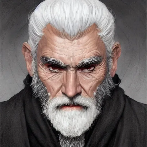 Prompt: old male archmage, large bushy eyebrows, piercing gaze, black robes, short white beard, short white hair, D&D, fantasy, intricate, elegant, highly detailed, digital painting, artstation, concept art, smooth, sharp focus, illustration, art by artgerm and greg rutkowski and alphonse mucha