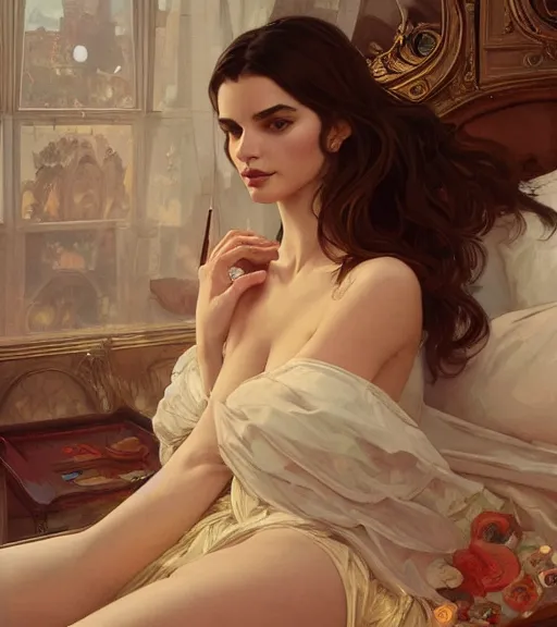 Image similar to emily ratajkowski, bedroom, intricate, elegant, highly detailed, digital painting, artstation, concept art, smooth, sharp focus, illustration, art by krenz cushart and artem demura and alphonse mucha