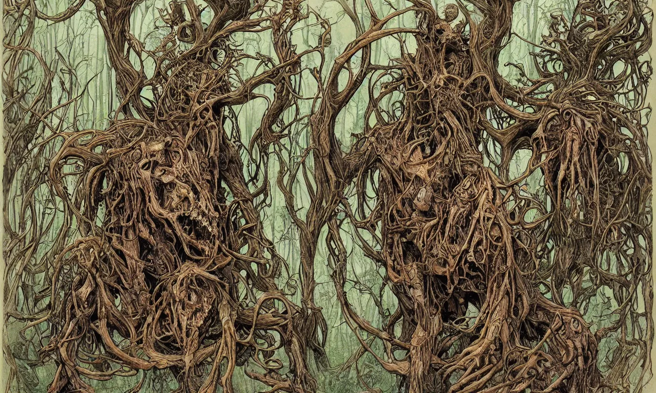 Image similar to hyperdetailed art nouveau portrait of treebeard and old groot as a cthulhu eyeball moose skull wendigo swamp thing creatures, by michael kaluta, pushead and bill sienkiewicz, photorealism, claws, skeleton, antlers, fangs, forest, wild, bizarre, scary, lynn varley, lovern kindzierski, steve oliff