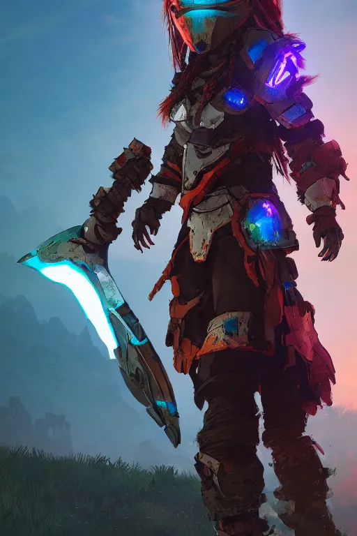 Image similar to combination suit armor aloy horizon forbidden west horizon zero dawn radiating a glowing aura global illumination ray tracing hdr fanart arstation by ian pesty and alena aenami artworks in 4 k tribal robot ninja mask helmet backpack