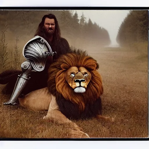 Prompt: muscular oversized lion barbarian warrior with metal chest plate in a village, Cinematic focus, Polaroid photo, vintage, neutral colors, soft lights, foggy, by Steve Hanks, by Serov Valentin, by lisa yuskavage, by Andrei Tarkovsky