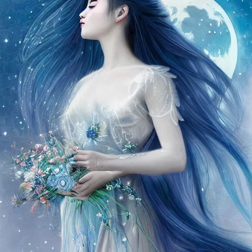 Prompt: Ethereal goddess of the moon, beautiful blue silver hair woman like Dilraba Dilmurat, california girl, wearing a flowing dress, lots of flowers, symmetrical face, art nouveau, portrait, cute, playful, fairy, harper's bazaar, pearlescent, sacred geometry, detailed background, featured on artstation, by Daniel Gerhartz, by ross tran, bright pastel colors, face by artgerm, by Kelly McKernan, by Charlie Bowater, by Laura rubin, 8k