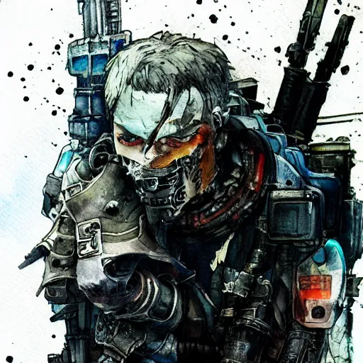 Image similar to a watercolor ink painting of a post - apocalyptic cyberpunk grimdark demon in the style of leonard boyarsky in the style of yoji shinkawa detailed realistic hd 8 k high resolution