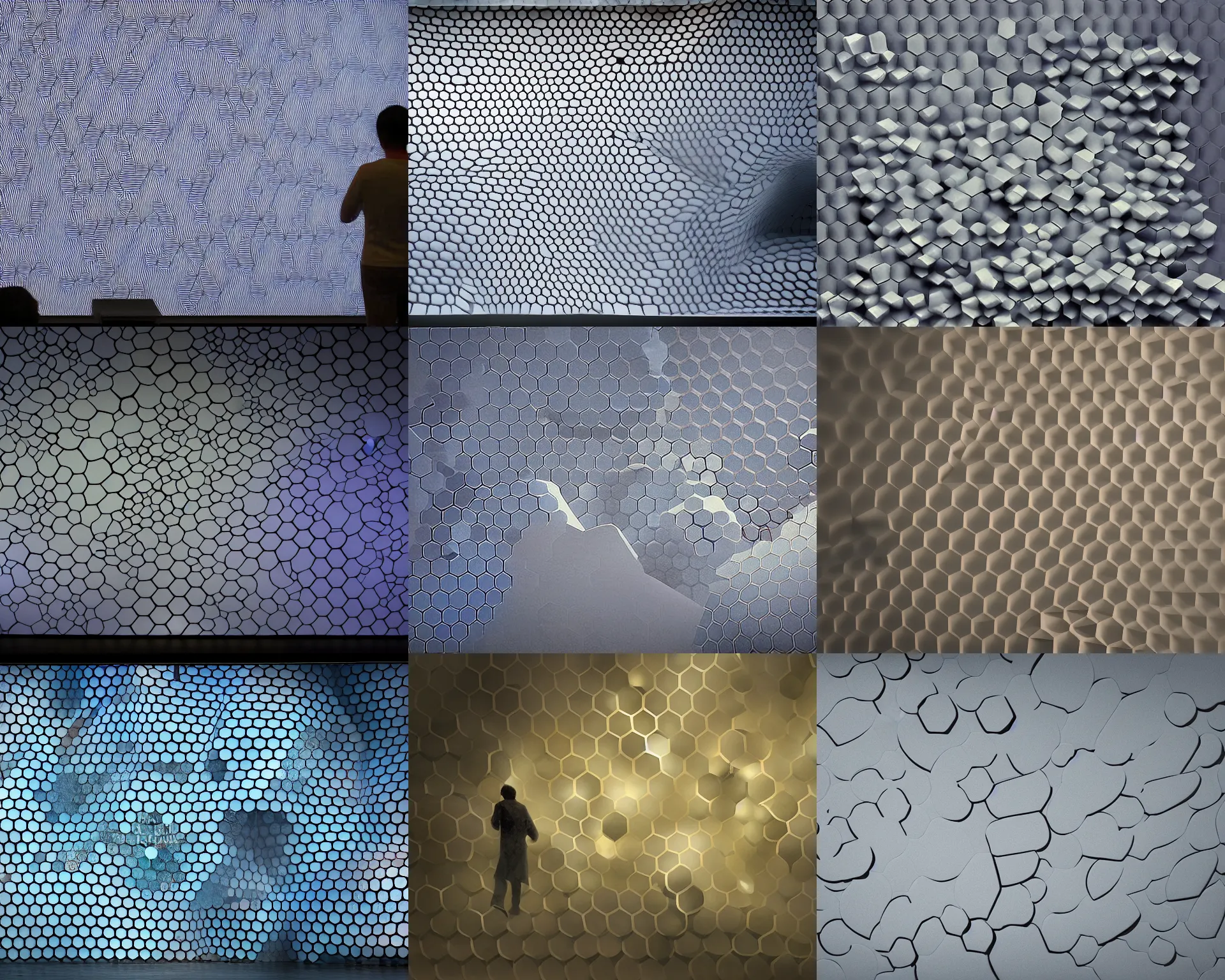 Prompt: hexagons caught on a tarp projected to a wall in a museum, magnificent, close up, details, sharp focus, elegant, highly detailed, illustration, by Jordan Grimmer and greg rutkowski and PiNe(パイネ) and 薯子Imoko and 香川悠作 and wlop and maya takamura, intricate, beautiful, Trending artstation, pixiv, digital Art