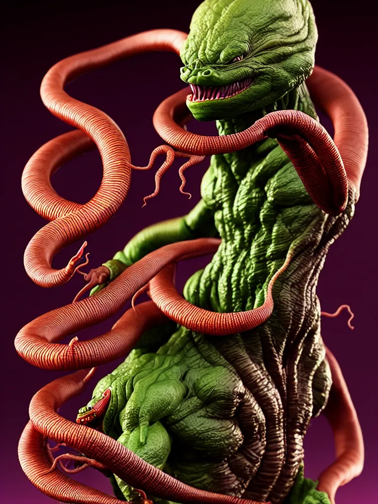 Image similar to hyperrealistic rendering, earthworm by bernie wrightson and killian eng and joe fenton, product photography, action figure, sofubi, studio lighting, colored gels, colored background