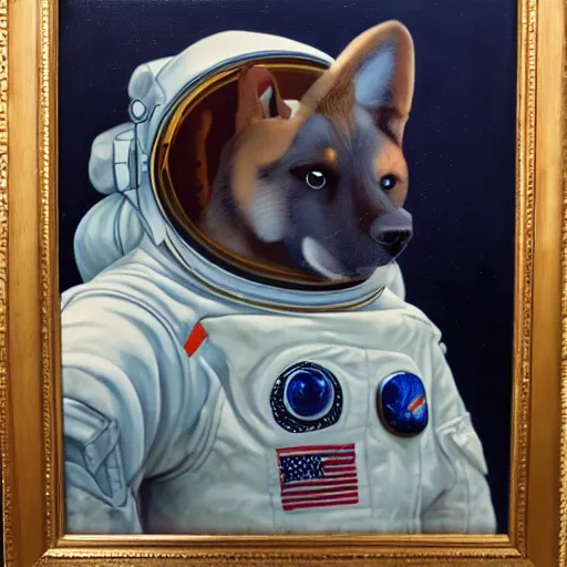 Image similar to oil painting of a shina inu in an astronaut suit