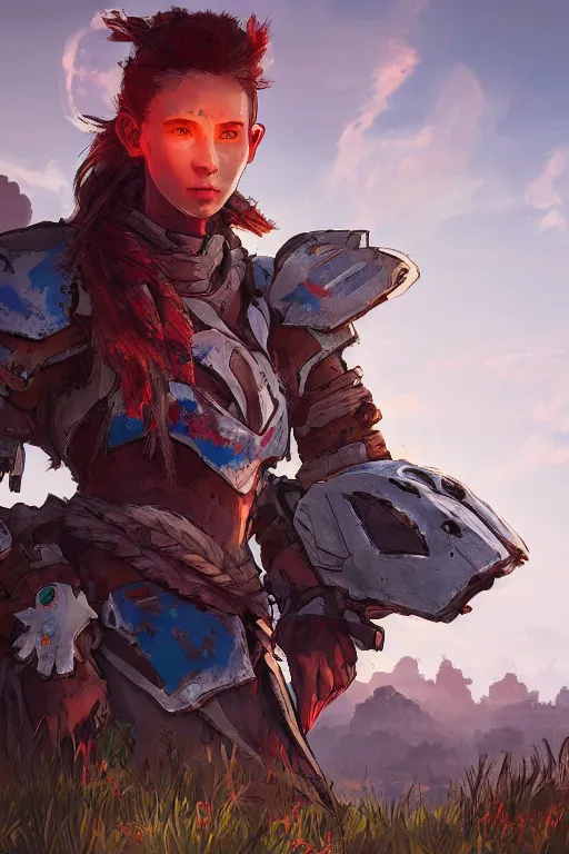 Image similar to combination suit armor aloy horizon forbidden west horizon zero dawn radiating a glowing aura global illumination ray tracing hdr fanart arstation by ian pesty and alena aenami artworks in 4 k tribal robot ninja mask helmet backpack