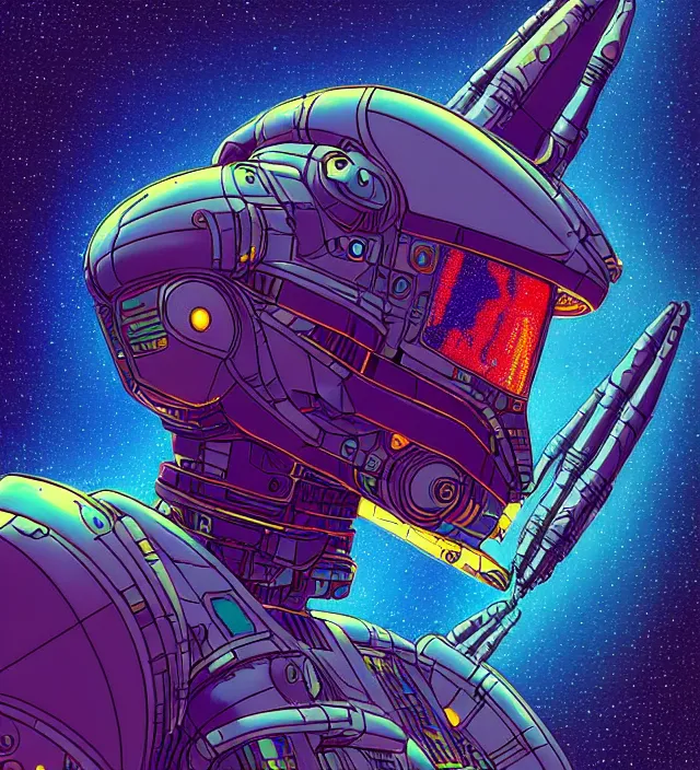 Image similar to a portrait of a mecha dragon in a iridescent intricate spacesuit, digital art, 4 k, synthwave color palette, galactic background, vintage sci - fi soft grainy, inspired moebius, inspired by tim white, in the style of studio ghibli