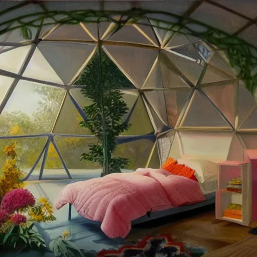 Prompt: interior of cozy queer geodesic dome bedroom with flowers, iridescent windows, hyperrealistic fine art oil painting