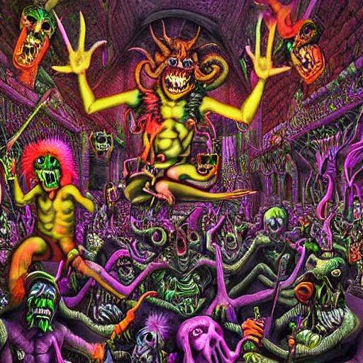 Image similar to digital painting of demons in rave party in hell by Chor Boogie, intricate details, ultra detailed, 4K, award-winning, touch of M. C. Escher