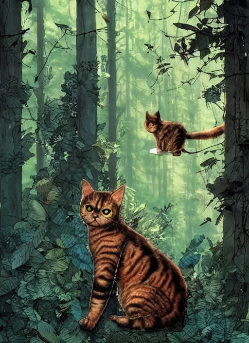 Image similar to a hyper realistic ink cat alien technology and sunbeams blue sky, lush forest foliage painting by chiara bautista and norman rockwell and greg rutkowski weta studio, and lucasfilm