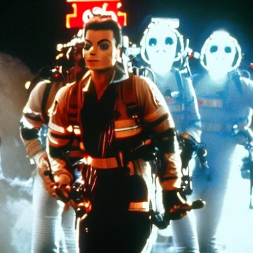 Image similar to stunning awe inspiring michael jackson with a highly detailed face as a ghostbuster in the movie ghostbusters, movie still 8 k hdr atmospheric lighting