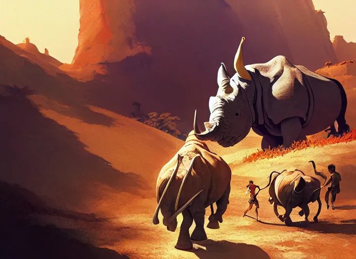 Prompt: the big large expedition with a lot of explores, warriors and adventurers, being brought by gigantic rhinos carrying stuff towards the desert of duhnes medium shot, studio ghibli animation, anime key art by craig mullins, bloom, dramatic lighting