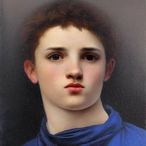 Image similar to portrait painting of young man, in the style of Sergeant and Bouguereau, masterpiece, texture, dark background, blue