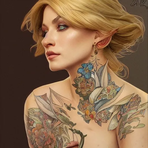 Image similar to ultra realistic illustration, a hot and beautiful tattooed blonde slavic woman in her 3 0's, intricate, elegant, highly detailed, digital painting, artstation, concept art, smooth, sharp focus, illustration, art by artgerm and greg rutkowski and alphonse mucha