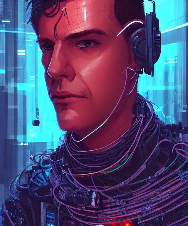 Image similar to a portrait of a male cyberpunk netrunner made of cables, fantasy, elegant, digital painting, artstation, concept art, matte, sharp focus, illustration, art by josan gonzalez