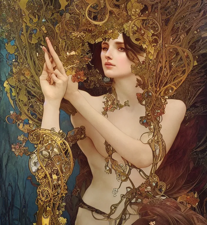 Image similar to unreal engine render + a goddess, smooth, coherent, high detailed, by Karol Bak outlines by Alphonse Mucha, featured on artstation, instagram HD, unreal engine