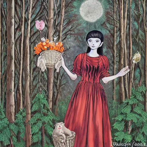 Image similar to In the conceptual art Vasilisa can be seen standing in the forest, surrounded by animals. She is holding a basket of flowers in one hand and a spindle in the other. Her face is turned towards the viewer, with a gentle expression. In the background, the forest is depicted as a dark and mysterious place. light, face paint by Junji Ito