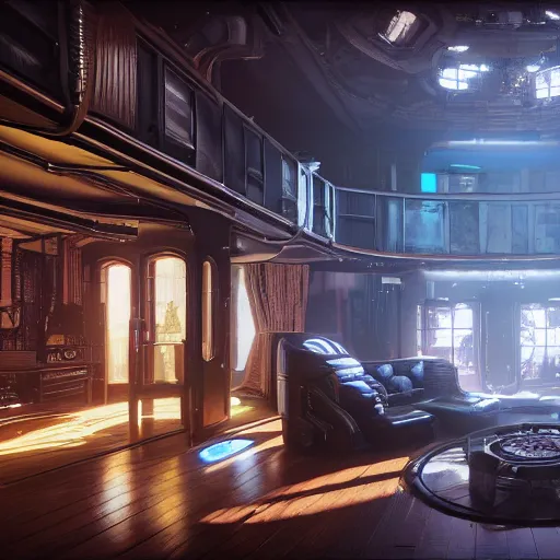Image similar to A photograph of interior of cyberpunk mansion set in a cyberpunk utopia. Highly detailed, 8k wallpaper, HDR, concept art, unreal engine 5, 4k, 8k, ray tracing, bloom, lens flare