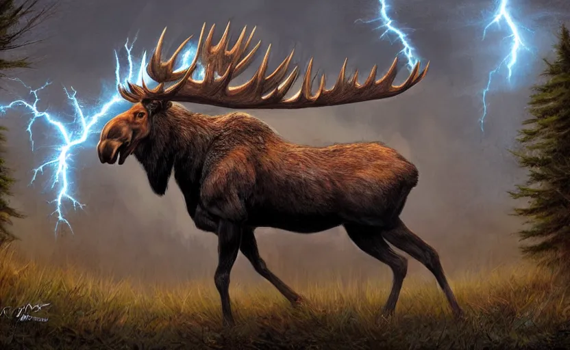 Image similar to moose with lightning horns, fantasy art, concept art