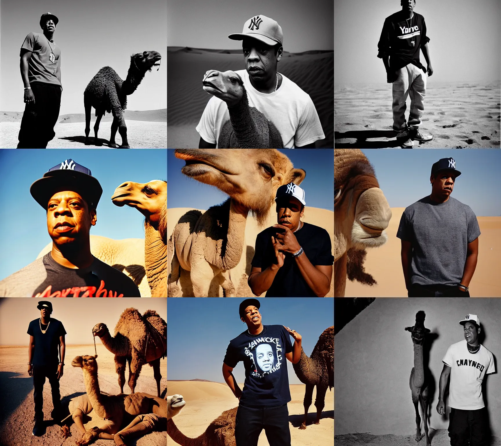 Prompt: portrait of jay - z shawn carter wearing a yankee baseball hat and a black t - shirt, standing next to a camel, sand desert fantasy, photogarphy by helen levitt, good lighting