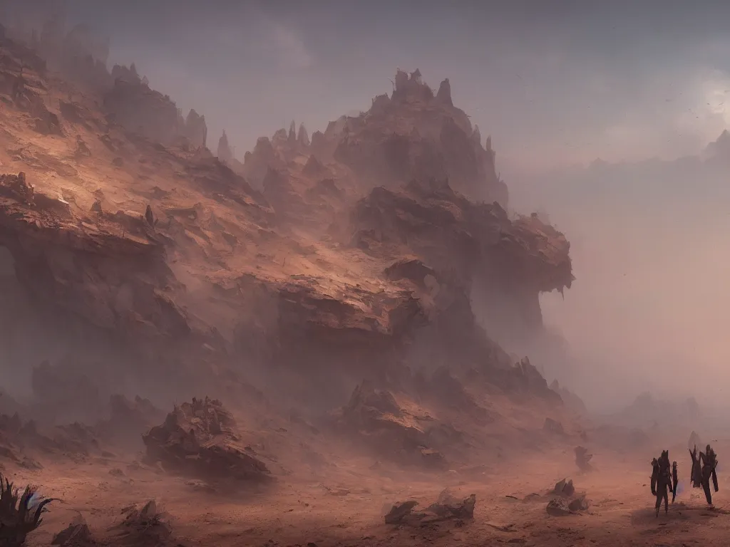 Prompt: detailed matte painting by greg rutkowski and marc simonetti : dry desert covered with smoke and haze, cinematic theme, 8 k detailed, artstation, uhd, sharp details, extremely detailed scene