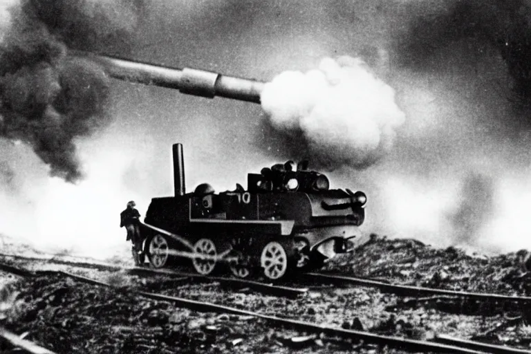 Image similar to WW2 era photograph, the face of Thomas the tank engine attached to a 800mm German super-heavy-mortar with a huge gun barrel shooting, there are german soldiers running around