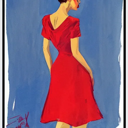 Image similar to a saturday post illustration of a french fashion model posing in a red dress by coby whitmore