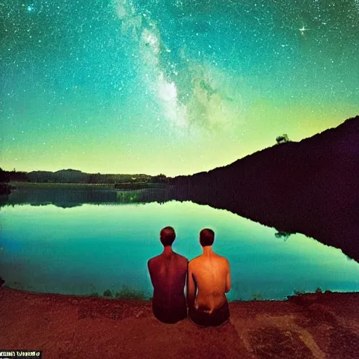 Prompt: two guys peeing in a lake while looking up at the night sky, milky way is clearly visible and reflected on the lake, the camera is behind them, 90s photo