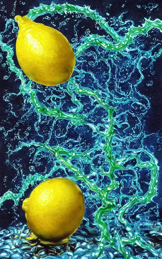 Image similar to a lemon crushed surrounded by giant airbrushed hallucigenia glimmering and drips of water, black background, airbrush fantasy 80s, masterpiece