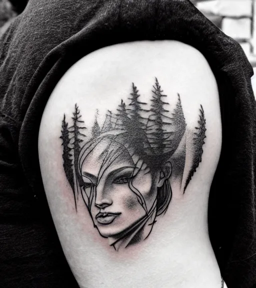 Image similar to double exposure of a beautiful mountain scenery with a beautiful woman face, tattoo design sketch, in the style of matteo pasqualin, hyper - realistic, amazing detail, black and white, faded