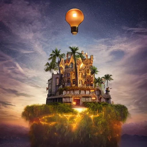 Image similar to a castle surrounded by giant palm trees on a giant floating island in the sky, giant light realistic light bulb glowing in the sky, cinematic, digital art by erik johansson, 8 k resolution, hyper detailed, sharp focus