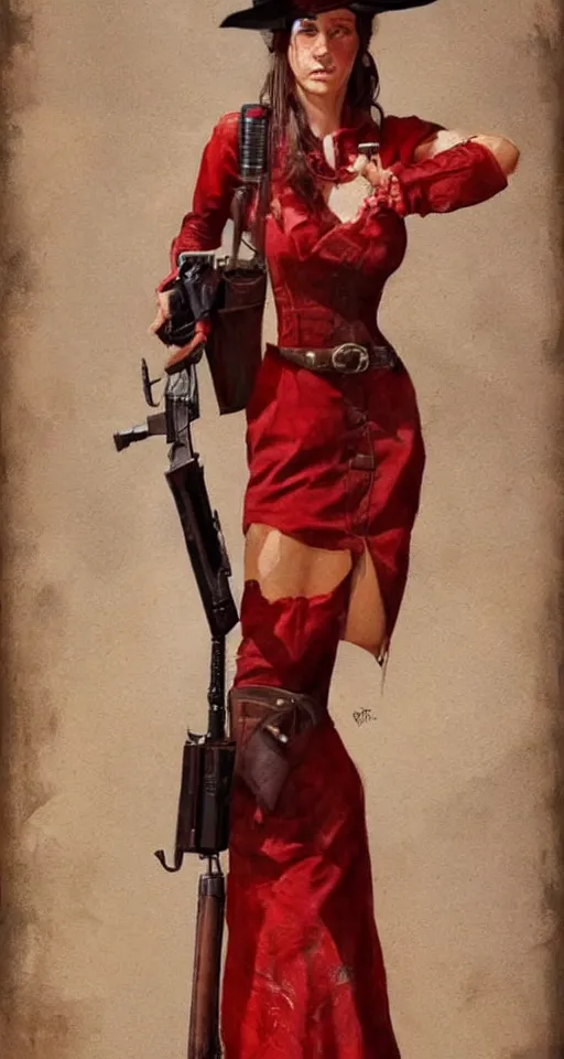 Image similar to a woman in a red wild west dress holding a shotgun, realistic painting by drew struzan, anatomically correct, beautiful, soft lighting, artstation