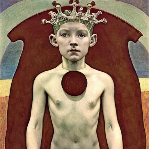 Image similar to robot boy wearing the bone crown, by annie swynnerton and diego rivera and lucien freud and jean delville and evelyn de morgan, symbolist, dramatic lighting, elaborate geometric ornament, art brut, soft pastel colors, smooth, sharp focus, extremely detailed, adolf wolfli, leo and diane dillon, nicholas roerich, donato giancola