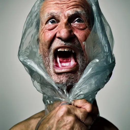 Image similar to a photographic portrait of a rugged elderly man, screaming, behind plastic wrap by Martin Schoeller