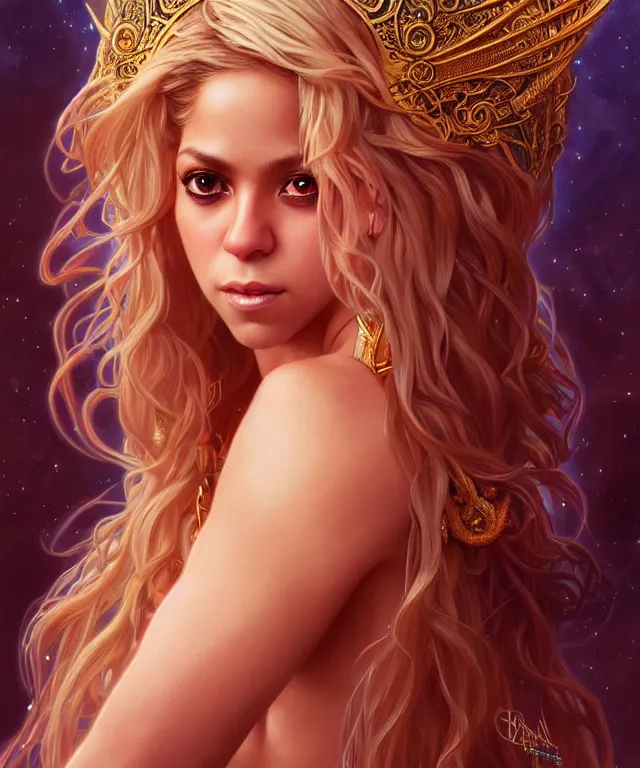 Prompt: Shakira as a fantasy magic woman portrait, sci-fi, amber eyes, face, long hair, fantasy, intricate, elegant, highly detailed, digital painting, artstation, concept art, smooth, sharp focus, illustration, art by artgerm and greg rutkowski and alphonse mucha