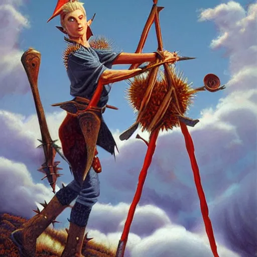 Image similar to an elf with spiky blonde hair wearing dark brown overalls and holding dynamite. painting by Gerald Brom