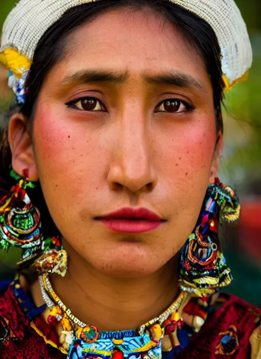 Prompt: Mid-shot portrait of a beautiful, breathtaking 25-year-old woman from Peru, wearing a traditional outfit, candid street portrait in the style of Martin Schoeller award winning, Sony a7R