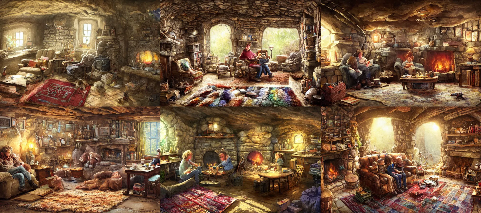 Prompt: badgers wearing casual clothes live underground in a cave, fish eye lens, kitchen table, sink, comfy chairs, cosy fireplace, stack of books on side table, colorful rug on floor by fireplace, family framed on the wall, soft, cosy, craig mullins, james gurney, detailed watercolour,paper texture, low angle, hd, 4k
