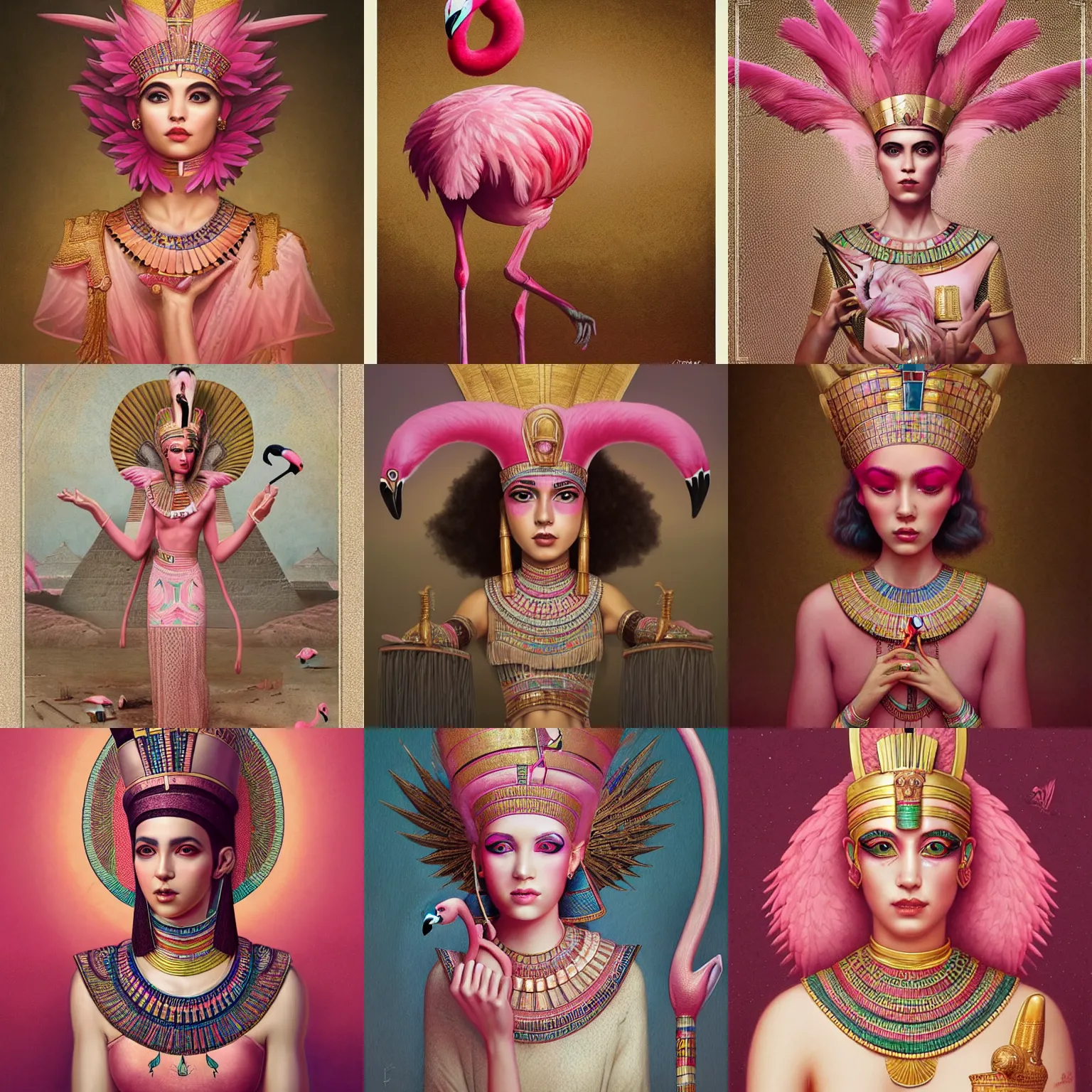 Prompt: a pink flamingo, wearing an egyptian crown, atef, highly intricate, egyptian clothing, ancient pyramids background, award winning art, trending on artstation, art by Tom Bagshaw