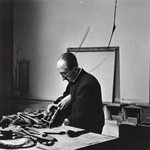 Image similar to a long exposure shot of Marcel Duchamp working on a readymade object, archival pigment print