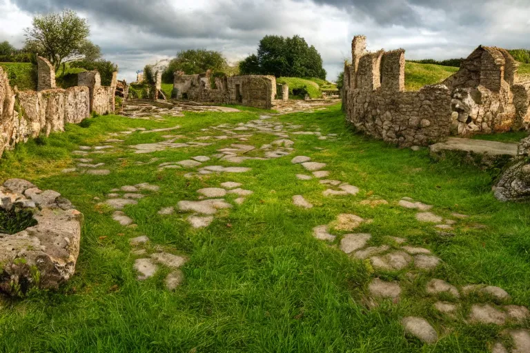 Prompt: a grass land and ruins and small bustling fixed luminously fun village and tan gravel pathways and joyful people, 4 k, 8 k, photorealistic landscape, landscape imagery, 4 k luminous lighting, volumetric lighting,