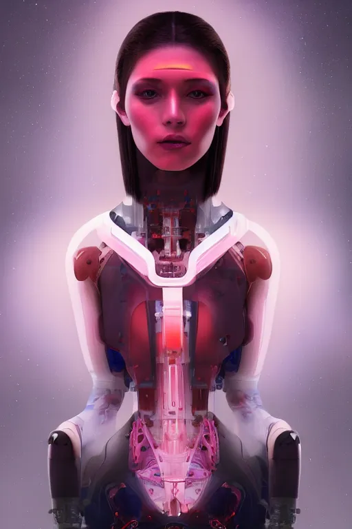 Image similar to a beautiful half body image of a futuristic android with body made of translucent plastic, long hair made of colored cellophane with mechanical internal parts, symmetrical and realistic proportions by Irakli Nadar, tom bagshaw, Charlie Bowater with details by Jason Felix, furio tedeschi, face by ilya kuvshinov, artgerm, cinematic backlit lighting, beauty retouch, elite, photo realistic, octane render, hyper real, ultra detailed, trending on artstation pinterest and deviantart