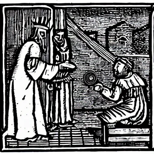 Image similar to peasant speaks on iphone. medieval engraving style