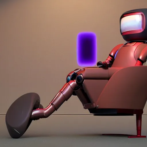 Image similar to futuristic lonely matte brown and red full-body humanoid robot with two huge round expressive sad purple glowing LED eyes and open rectangular mouth sitting on a large comfortable cushioned 1950s vintage recliner reading a newspaper. open newspaper. Cinematic Movie Photograph, Arri Alexa, Extremely Detailed, smooth, very very clean, 8K, octane render, maya render, unreal engine, trending on artstation, DSLR, excellent composition, center frame