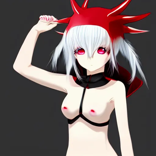 Image similar to white hair, red eyes, two small horn on the head, anime style, anime girl