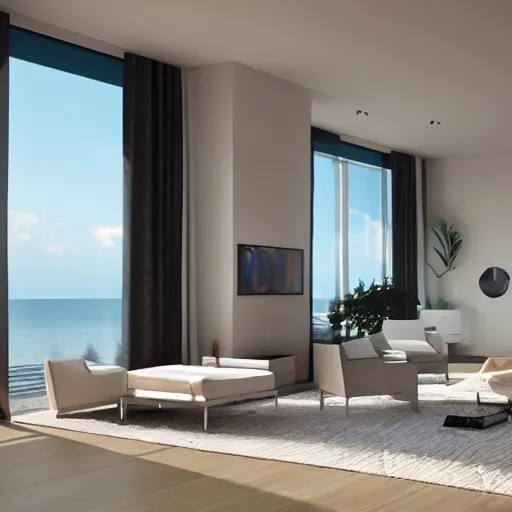 Image similar to contemporary villa interior, living room with a view of the sea, photorealistic, cinematic, volume light, rendered in octane, artstation